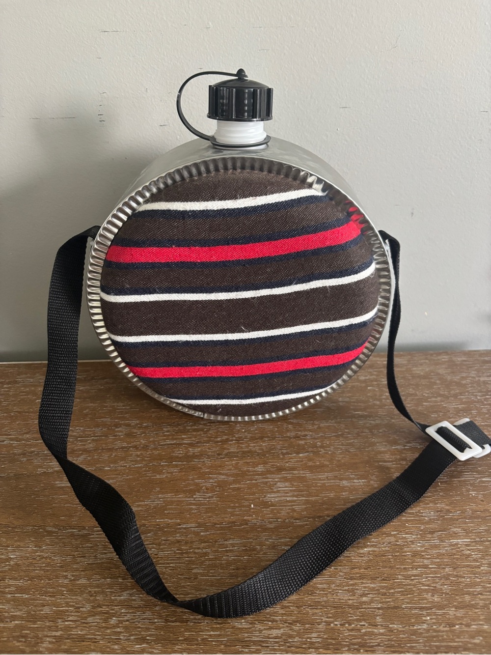 Striped Round Crossbody Canteen Bag in Brown and Red